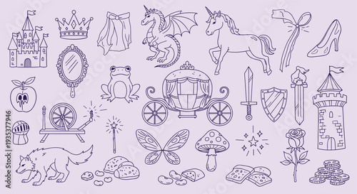 Enchanting fairytale collection with castle dragon unicorn carriage and magical elements for children stories and fantasy themes