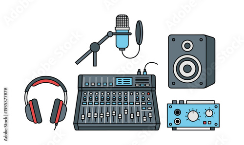 Professional studio gear featuring audio mixer, microphone, headphones, speaker, and amplifier for sound production and broadcast