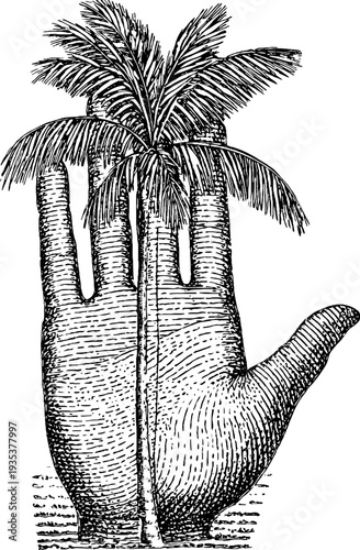 Mystical palmistry hand with palm tree botanical illustration for spiritual design
