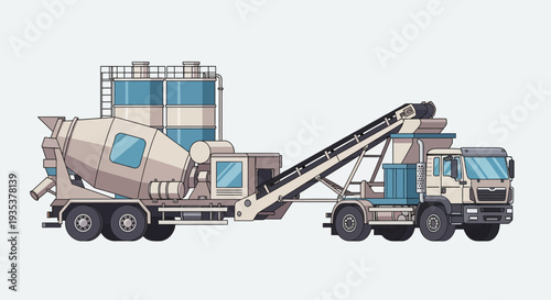Concrete mixer truck with conveyor belt and silos