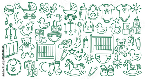 Collection of cute baby shower and newborn essentials illustrated in a charming green line art style perfect for invitations and decorations