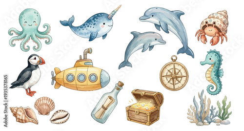 Adorable Watercolor ocean clipart set. Ocean adventure clipart set with cute sea animals and pirate elements. Collection of Vector illustrations. Perfect for invitation, card, poster, banner, decor