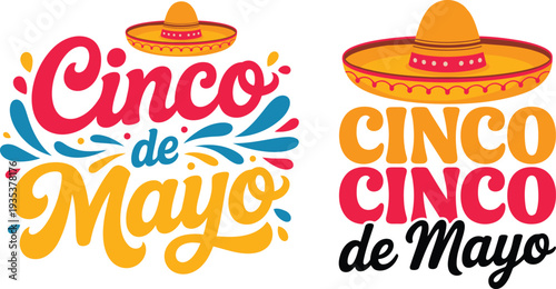 Cinco de Mayo Festive Typography Designs with Sombrero Hats, Isolated on White Background