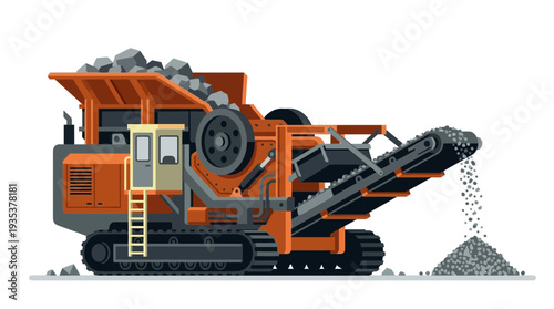 Crushing machine processing gravel on white background