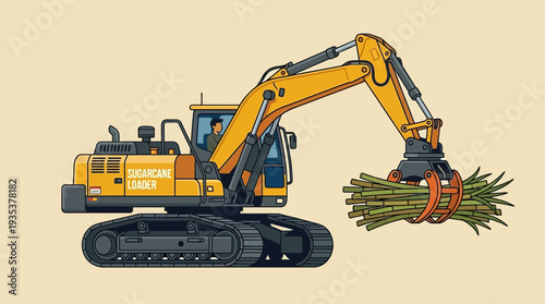 Excavator loading sugarcane stalks with grapple attachment