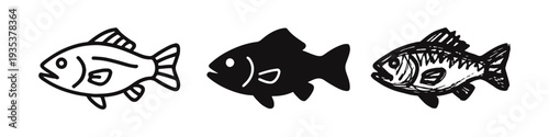 Fish Icon Set. Outline, Glyph, and Doodle Style Illustrations of Marine Animal or Seafood.