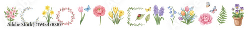 Watercolor colorful floral clipart. Watercolor spring floral clipart set with wreaths bouquets butterflies and leaves. Collection of Vector illustrations. Perfect for invitation, card, poster, Banners