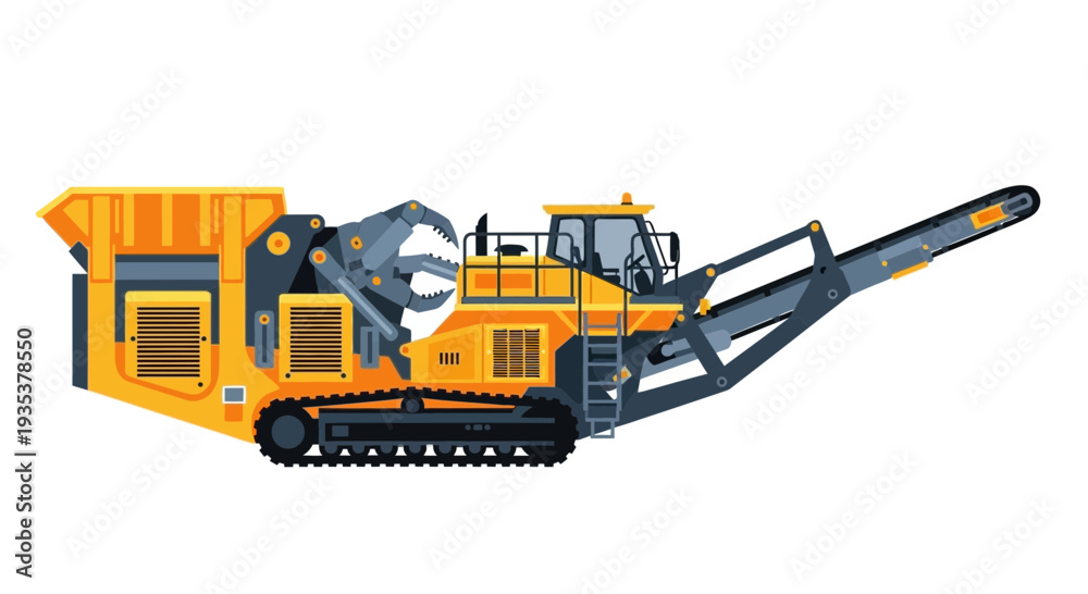 Obraz premium Heavy yellow construction machine on tracks, industrial equipment, isolated on white background