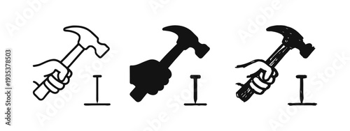 Hand holding hammer with nail icon set. Construction, repair, DIY, and craftsmanship symbols.
