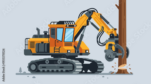 Heavy logging machine cutting down a tree with chainsaw attachment