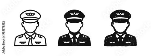 Professional airplane pilot icon set. Aviation, flight captain, and airline staff symbol.