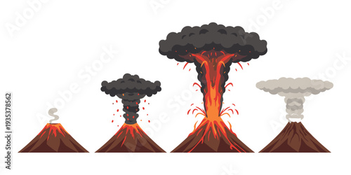Volcano eruption stages with active and dormant volcanoes emitting ash, smoke, and lava flow, demonstrating natural disaster progression
