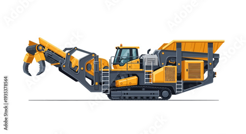 Heavy-duty mobile crushing machine with claw arm, industrial equipment illustration