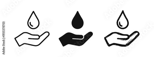 Hand Catching Water Drop Icon Set Illustrating Conservation and Hydration