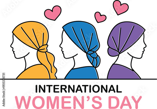 International Women's Day Vector Illustration with Three Women Profiles, Colorful Headscarves, and Hearts