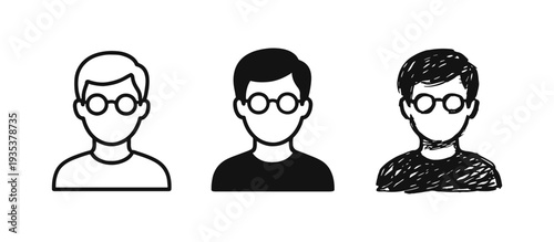 Man with Glasses User Avatar Icon Set in Outline, Glyph, and Doodle Styles