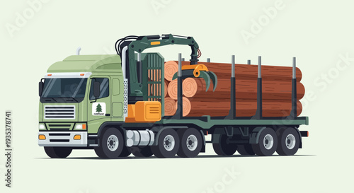 Logging truck with crane loading timber logs, illustration