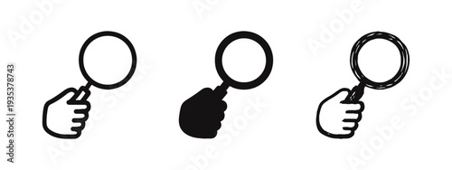 Hand holding magnifying glass icon set. Search, explore, and zoom vector symbol in various styles.