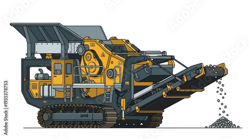 Mobile crusher machine on tracks crushing rocks, industrial equipment illustration