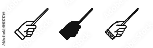Hand holding pointer stick icon set. Presentation, education, and showing vector symbol in different styles.