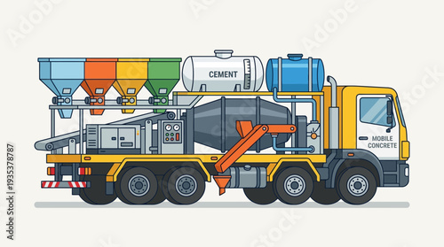 Mobile concrete mixer truck with colorful hoppers and cement tank