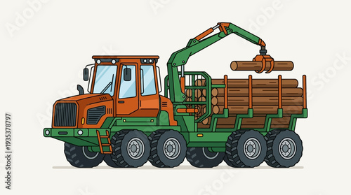 Logging truck with crane loading logs
