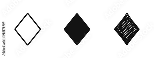 Diamond card suit icon set. Playing card diamonds symbol with outline, solid, and hand-drawn styles.