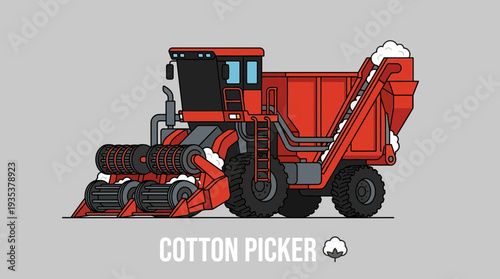 Red cotton picker machine on gray background, vector illustration