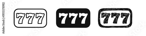 Lucky 777 icon set. Jackpot, slot machine, or winning symbol in outline, solid, and hand-drawn styles.