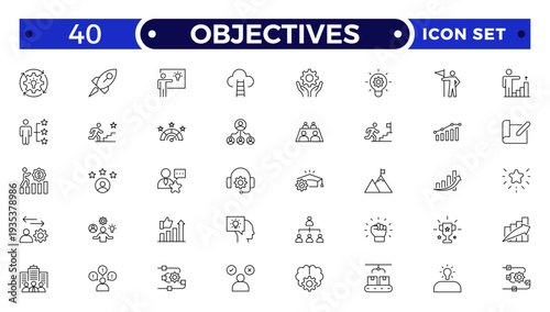 Objectives outline icon .Business core values, mission and vision line icon set. Corporate strategy, integrity, company culture, ethics, quality and success outline vector icons.