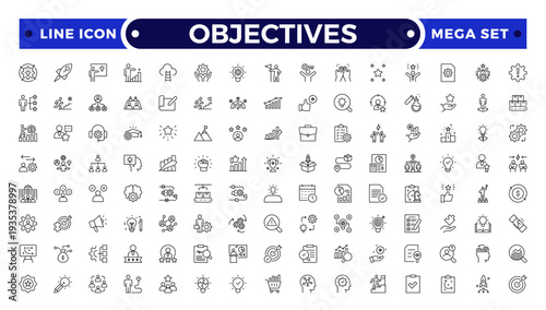 Objectives outline icon .Business core values, mission and vision line icon set. Corporate strategy, integrity, company culture, ethics, quality and success outline vector icons.