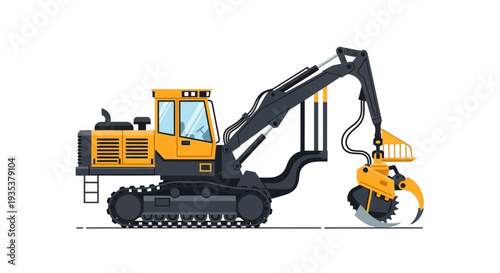 Yellow logging harvester with grapple and tracks on white background