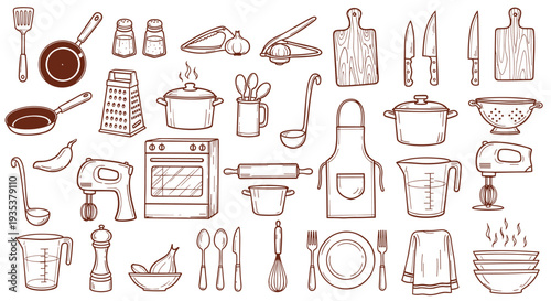 Collection of kitchen utensils and cooking equipment hand-drawn sketch style for culinary arts and food preparation