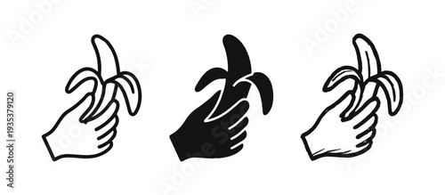 Hand holding peeled banana icon set. Symbol for healthy eating, tropical fruit, and energy snack in various styles.