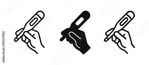 Hand holding thermometer icon set. Symbol for temperature check, health monitoring, and medical diagnosis.