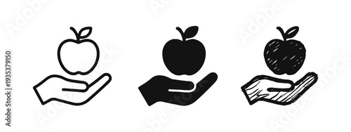 Hand holding apple icon set. Symbol for healthy food, nutrition, education, and wellbeing in various styles.