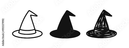 Witch hat icon set. Halloween magic symbol, spooky costume accessory, and fantasy illustration.
