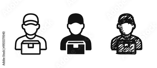 Delivery person with package icons set. Courier service and shipping symbols.