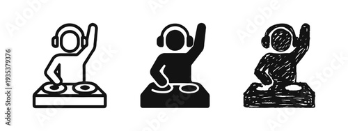 DJ with turntables and headphones icons set. Music, party, and entertainment symbols.