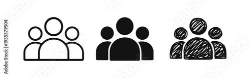 Group of people icon set in outline, glyph, and hand-drawn styles, representing a team, community, or diverse audience.
