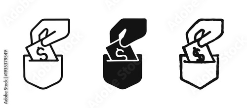 Hand putting dollar money into a pocket icon set. Income, savings, deposit, and payment symbol in outline, solid, and doodle style.