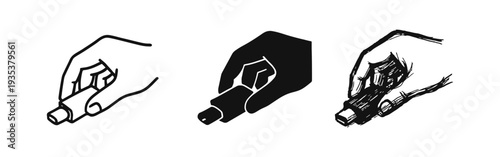 Hand holding a vape pen icon set in outline, glyph, and hand-drawn styles, for vaping and electronic cigarettes.