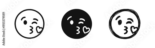 Kissing face emoji icon set. Love, affection, romance, and emotion symbol in outline, solid, and doodle style.