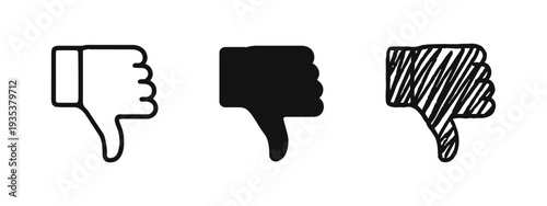 Thumbs down dislike gesture icon set, indicating disapproval, failure, or negative feedback.