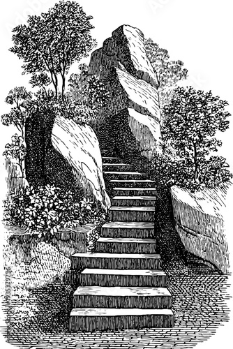 Vintage hand drawn stone staircase carved into cliff with trees and rocks - nature illustration for design