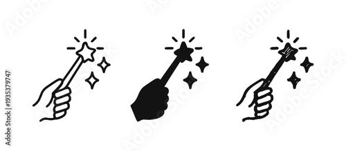 Hand holding magic wand with sparkling stars icon set, representing magic, wishes, or transformation.