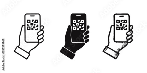 QR code scan on smartphone in hand icon set. Mobile payment and digital authentication symbol in various styles.