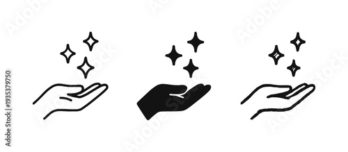 Open hand with sparkling stars icon set, symbolizing magic, cleanliness, or giving.