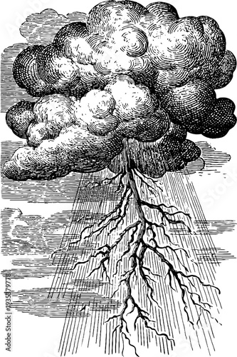 Vintage engraving of storm cloud with lightning for weather-themed designs