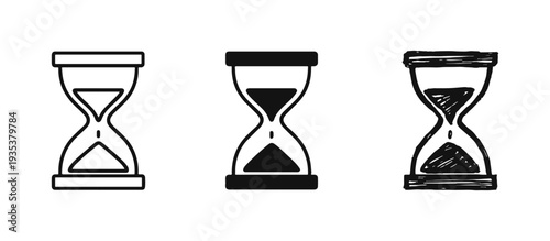 Hourglass icon set. Time passing, countdown, and waiting symbol in outline, solid, and doodle styles.